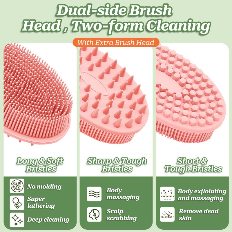 GEENOA Silicone Back Scrubber for Shower, Gentle Shower Scrubber for Lathering, Softe Silicone Loofah with Two Replaceable Brush Heads, Good for Kids, Sensitive Skin(Pink-Two Heads) - Image 4